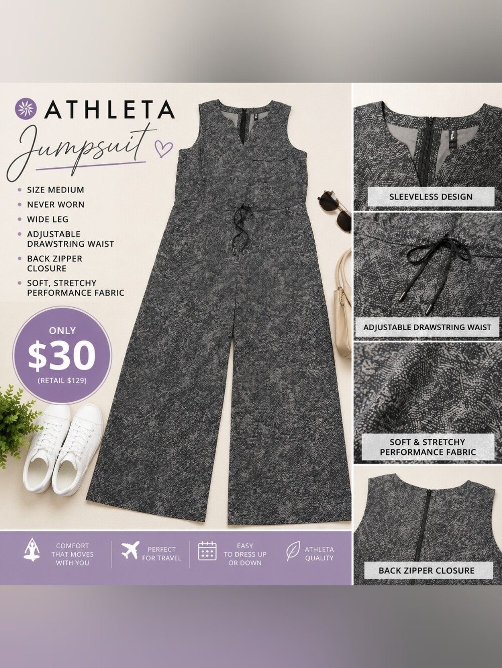 ✨Athleta Printed Wide-Leg Jumpsuit – Size M – Never Worn